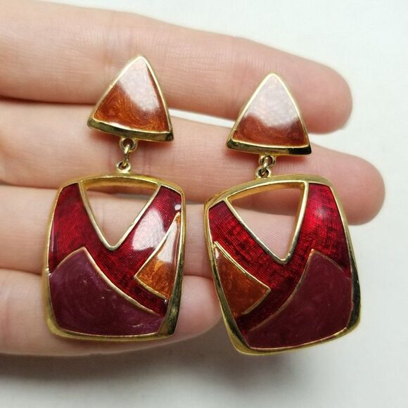 Vintage Red Enamel Retro Geometric Pattern Dangle Earrings, 80s 90s Style Estate - Picture 5 of 6